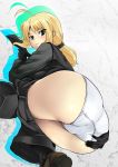  1girl ahoge artoria_pendragon_(all) ass ass_grab black_gloves blonde_hair blush fate/stay_night fate/zero fate_(series) foreshortening formal from_below gloves green_eyes huge_ass k2isu looking_at_viewer looking_down nimji panties pants_pull saber solo suit third_party_edit top-down_bottom-up underwear white_panties 