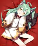  :3 :d ahoge akashi_(azur_lane) animal_ears azur_lane bell bell_choker black_bow black_sailor_collar blush bow cat_ears choker dress feet_out_of_frame green_hair hair_bow hair_ornament hairclip jingle_bell long_hair long_sleeves looking_at_viewer lying on_back open_mouth red_bow red_choker sailor_collar sailor_dress sleeves_past_fingers sleeves_past_wrists slit_pupils smile socks solo sparkle takashiru twitter_username very_long_hair very_long_sleeves white_dress white_legwear yellow_eyes 