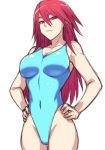  aqua_swimsuit breasts covered_navel cowboy_shot hai_(h81908190) hair_between_eyes hands_on_hips highleg highleg_swimsuit long_hair looking_at_viewer medium_breasts original red_eyes red_hair short_eyebrows simple_background solo swimsuit thick_eyebrows white_background 