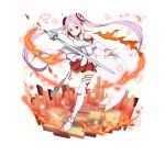  asuna_(sao) asuna_(sao)_(cosplay) breastplate cosplay fire floating_hair full_body hair_ornament holding holding_sword holding_weapon long_hair miniskirt official_art outstretched_arm pink_hair pleated_skirt purple_eyes red_skirt senritsu_reishiki simple_background skirt smile solo source_request sword sword_art_online sword_art_online:_code_register thighhighs twintails very_long_hair weapon white_background white_legwear yuna_(sao) zettai_ryouiki 