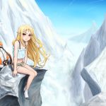  artist_request blonde_hair boots boots_removed braid highres long_hair mountain pointy_ears red_eyes sako_rk_95_(upotte!!) solo upotte!! 