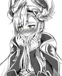  bangs blush cape commentary embarrassed eyebrows_visible_through_hair eyes_visible_through_hair flying_sweatdrops gloves granblue_fantasy green_eyes greyscale long_hair long_sleeves looking_away monochrome nose_blush sanmotogoroo solo song_(granblue_fantasy) spot_color upper_body 