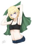  absurdres armpits arms_up black_bra blonde_hair blue_eyes bra breasts denim eyebrows_visible_through_hair highres looking_at_viewer navel open_mouth original short_hair signature simple_background small_breasts solo underwear viktorf white_background 