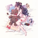  bangs barefoot bed_sheet black_hair blush bow candy candy_hair_ornament cellphone earbuds earphones earphones_removed food food_themed_hair_ornament frilled_legwear hair_bow hair_ornament hairclip heart highres lingerie long_hair looking_at_viewer lying magazine nintendo nintendo_switch on_side open_mouth original phone pillow purple_eyes red_ribbon ribbon ribbon-trimmed_legwear ribbon_trim rubbing_eyes side_bun sign single_sock smartphone smile socks socks_removed solo striped striped_bow stuffed_animal stuffed_bunny stuffed_toy teddy_bear thigh_strap underwear wavy_hair yuzhi 