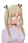 bangs bespectacled black_ribbon blonde_hair breasts buttons choker commentary dead_or_alive eyebrows_visible_through_hair glasses grin hair_ribbon highres looking_at_viewer marie_rose parted_lips purple_shirt ribbon round_eyewear shirt smile solo tim_loechner twintails 