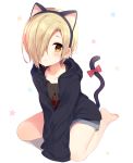  animal_ears bad_id bad_pixiv_id bangs barefoot black_hairband black_hoodie blonde_hair blood bloody_clothes blush brown_eyes brown_shirt cat_ears cat_girl cat_tail collarbone commentary_request drawstring ear_piercing fake_animal_ears full_body grey_shorts hair_over_one_eye hairband highres hood hood_down hoodie idolmaster idolmaster_cinderella_girls long_sleeves looking_at_viewer mafuyu_(chibi21) open_clothes open_hoodie parted_lips piercing print_shirt shirasaka_koume shirt short_shorts shorts sitting sleeves_past_fingers sleeves_past_wrists solo star tail wariza white_background 