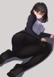  arm_support bangs black-framed_eyewear black_hair black_legwear black_skirt black_sweater blush breasts brown_eyes commentary_request frilled_shirt frills glasses grey_background highres kagematsuri large_breasts long_sleeves looking_at_viewer lying no_shoes on_side original pantyhose parted_lips pencil_skirt shadow shiny shiny_hair shirt short_hair simple_background skirt solo sweater white_shirt 