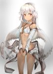  absurdres altera_(fate) bangs black_bikini_bottom breasts choker cleavage collarbone dark_skin detached_sleeves eyebrows_visible_through_hair fate/grand_order fate_(series) grey_background hair_between_eyes highres looking_at_viewer red_eyes short_hair silver_hair small_breasts smile solo standing sunhyun white_bikini_top 