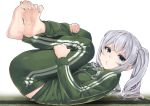  bangs barefoot blue_eyes chestnut_mouth commentary_request eyebrows_visible_through_hair feet fingernails from_side full_body ifuji_shinsen jacket kantai_collection kashima_(kantai_collection) leg_hug legs_up long_hair long_sleeves looking_at_viewer lying on_back open_mouth pants sidelocks silver_hair solo tatami toes track_jacket track_pants track_suit twintails zipper 