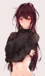  bangs black_sweater blush bottomless breasts closed_mouth clothes_lift commentary_request crossed_arms eyebrows_visible_through_hair fate/grand_order fate_(series) grey_background groin highres hplay large_breasts lifted_by_self long_hair long_sleeves looking_at_viewer messy_hair navel out-of-frame_censoring purple_hair red_eyes scathach_(fate)_(all) scathach_(fate/grand_order) simple_background solo sweater sweater_lift turtleneck turtleneck_sweater very_long_hair 