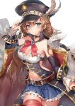  armpits bangs bare_shoulders belt black_choker blue_eyes blush braid breasts brown_hair choker cleavage closed_mouth coat commentary cowboy_shot detached_collar detached_sleeves frills gold_trim granblue_fantasy hand_on_headwear hand_up hat hat_feather jacket_on_shoulders jewelry lecia_(granblue_fantasy) long_hair looking_at_viewer medium_breasts miniskirt momoko_(momopoco) navel navel_cutout peaked_cap skirt smile solo standing thighhighs zettai_ryouiki 