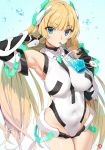  angela_balzac arm_up armpits bare_shoulders black_gloves blonde_hair blue_eyes breasts commentary_request covered_navel cowboy_shot deva_battle_suit drinking drinking_straw elbow_gloves eyebrows_visible_through_hair gloves gradient gradient_background hair_tucking headgear highleg highleg_leotard highres impossible_clothes impossible_leotard large_breasts leotard long_hair looking_at_viewer low_twintails rakuen_tsuihou simple_background solo twintails very_long_hair water_drop yang-do 