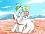  1boy 1girl artist_request blue_sky cloud day full_body gallade gardevoir gen_3_pokemon gen_4_pokemon green_hair hair_over_one_eye hand_up looking_at_viewer mega_gallade mega_gardevoir mega_pokemon mountain outdoors pokemon pokemon_(creature) red_eyes short_hair sky smile standing 