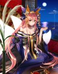  animal_ears blue_legwear breasts cleavage closed_mouth collarbone detached_sleeves fate_(series) fox_ears fox_tail full_moon highres indoors japanese_clothes kimono large_breasts long_hair long_sleeves looking_at_viewer moon multiple_tails noes pink_hair sitting smile solo tail tamamo_(fate)_(all) tamamo_no_mae_(fate) water yellow_eyes 