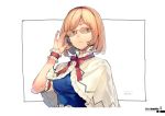  adjusting_eyewear alice_margatroid bangs bespectacled blonde_hair blue_shirt capelet eho_(icbm) eyebrows_visible_through_hair glasses hairband highres red_hairband red_ribbon ribbon shirt short_hair simple_background solo touhou upper_body white_background white_capelet wrist_cuffs 