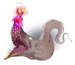  antennae blonde_hair blue_eyes breasts closed_mouth gradient gradient_background gradient_skin grey_background highres looking_to_the_side monster monster_girl original pink_skin red_skin short_hair slugbox small_breasts solo teeth what white_background 