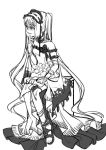  absurdly_long_hair bare_shoulders bracelet commentary_request fate/hollow_ataraxia fate_(series) full_body greyscale hairband jewelry lolita_hairband long_hair monochrome purple_eyes sandals shaded_face shadow sitting sketch smile solo spot_color stheno twintails very_long_hair white_background wwwwondefulwater 