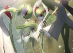  ballet bent_over black_ribbon commentary_request dancing from_behind from_side gardevoir gen_3_pokemon green_hair hand_up inoue_(fydns7) kirlia looking_back no_humans pokemon pokemon_(creature) red_eyes ribbon short_hair smile sparkle standing 