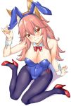  animal_ears arm_support black_legwear blue_leotard bow bowtie breasts bunny_ears bunny_tail bunnysuit detached_collar fate/grand_order fate_(series) fox_ears fox_tail full_body high_heels large_breasts leotard looking_at_viewer orange_eyes pantyhose pink_hair red_neckwear shirokuma_a simple_background solo strapless strapless_leotard tail tamamo_(fate)_(all) white_background wrist_cuffs 