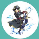  ascot black_eyes black_footwear black_hair boots chameleon dragon_quest dragon_quest_vii full_body hands_on_hilt haru_hikoya hat hero_(dq7) long_sleeves male_focus open_mouth pirate_costume pirate_hat skull_and_crossbones solo sword water weapon 
