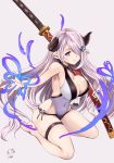  baicha barefoot black_horns blue_eyes breasts cleavage commentary_request covered_navel draph granblue_fantasy hair_over_one_eye highres horns katana large_breasts lavender_background lavender_hair long_hair looking_at_viewer narmaya_(granblue_fantasy) pointy_ears signature simple_background sitting sleeveless solo sword very_long_hair wariza weapon 