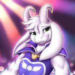  &lt;3 asriel_dreemurr_(god_form) caprine clothing cute_fangs floppy_ears fur goat green_eyes heart_pendant horn jewelry male mammal necklace purple_clothing shikaro smile solo undertale video_games white_fur 