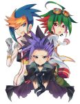  ahoge black_hair blonde_hair blue_eyes blue_hair choker gloves goggles goggles_on_head green_pants grey_gloves jacket looking_at_viewer male_focus multicolored_hair multiple_boys open_mouth pants purple_hair red_eyes red_shirt rento_(rukeai) sakaki_yuuya shirt smile spiked_hair star torn_jacket white_jacket yuu-gi-ou yuu-gi-ou_arc-v yuugo_(yuu-gi-ou_arc-v) yuuto_(yuu-gi-ou_arc-v) 