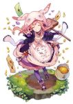  :d \n/ animal_hood apron bag closed_eyes commentary_request copyright_request diamond dress fingernails floating_hair frilled_apron frills gem gold highres hood letter long_hair long_sleeves open_mouth pink_hair purple_legwear ribbed_legwear sign simple_background sleeves_past_wrists smile sogawa solo standing waist_apron white_background 
