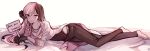  barefoot bead_necklace beads breasts brown_hair cleavage commentary_request ecru english heterochromia jewelry korean_commentary long_hair looking_at_viewer lying multicolored_hair necklace neo_(rwby) on_bed on_stomach pink_hair rwby sign solo 