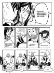  bandages beard bed black_hair blanket eliangrboda facial_hair fate/grand_order fate_(series) long_hair lord_el-melloi_ii male_focus monochrome nude pillow rider_(fate/zero) translation_request undressing waver_velvet 