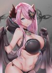  bare_shoulders bikini black_bikini black_bow black_gloves blue_eyes bow breasts cleavage draph error eyes_visible_through_hair fingerless_gloves gloves granblue_fantasy hair_bow hair_ornament hair_over_one_eye highres hood hood_down horns jewelry large_breasts lips long_hair looking_at_viewer mushi024 narmaya_(granblue_fantasy) necklace parted_lips pink_hair pointy_ears side-tie_bikini skindentation solo stomach swimsuit 