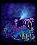  2009 blue_feathers digital_media_(artwork) dragon feathered_dragon feathers feral fur horn neboveria night outside pink_fur solo standing 