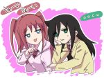  2girls black_hair blue_eyes commentary green_eyes hair_between_eyes head_rest kai_(makkai) kuroki_tomoko long_hair long_sleeves looking_at_another multiple_girls nemoto_hina open_mouth red_hair sweat two_side_up upper_body watashi_ga_motenai_no_wa_dou_kangaetemo_omaera_ga_warui! 