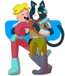  2018 anthro avocato cat clothing duo feline final_space fur gary_(final_space) hug human male mammal simple_background 