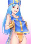  blue_hair cowboy_shot cross dragon_quest dragon_quest_iii gradient gradient_background hai_(h81908190) highleg highleg_swimsuit lifted_by_self long_hair mitre open_mouth orange_swimsuit priest_(dq3) red_eyes simple_background smile solo swimsuit tabard upper_teeth white_background 