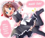  10s 1girl alternate_costume black_dress black_legwear blue_eyes brown_hair cake cup dress drinking_glass drinking_straw dutch_angle enmaided feet food garter_straps girls_und_panzer gloves hair_ornament hairclip hard_translated heart highres leg_up looking_at_viewer maid maid_headdress makuran no_shoes open_mouth puffy_short_sleeves puffy_sleeves sakaguchi_karina short_sleeves smile solo thighhighs thighs toes translated tray white_gloves zettai_ryouiki 