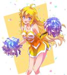  ahoge blonde_hair breasts cheerleader cleavage commentary_request error glitter happy iesupa long_hair pom_poms prosthesis prosthetic_arm purple_eyes rwby solo yang_xiao_long 