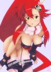  1girl ass bikini_top blush breasts brown_eyes erect_nipples female hair_ornament hanging_breasts highres kobayashi_yuji large_breasts looking_at_viewer no_panties open_mouth red_hair scarf shorts shorts_pull sidelocks solo tengen_toppa_gurren_lagann thighhighs undressing untied yoko_littner 