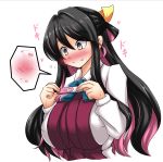  black_hair blush bow bowtie breasts commentary_request fang hair_between_eyes happy heart highres kantai_collection large_breasts long_sleeves multicolored_hair naganami_(kantai_collection) pink_hair pregnancy_test solo yutanpo-2 