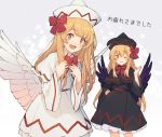  black_hat black_wings bow commentary_request eho_(icbm) feathered_wings floral_background hand_on_hip hat highres lily_black lily_white looking_at_viewer multiple_girls one_eye_closed open_mouth red_bow smile touhou translation_request white_hat white_wings wide_sleeves wings 