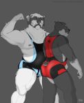  2018 5_fingers anthro anthro_on_anthro b&ouml;rje_(r4gequit) bulge bulldog butt canine crotch_grab dog duo flexing grey_background grope hi_res lotte_(r4gequit) male male/male mammal nipple_piercing nipples piercing repzzmonster signature simple_background spaniel standing url wrestling_singlet 