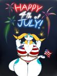  2016 4th_of_july aijou anthro averyshadydolphin big_breasts big_butt bikini blonde_hair blue_markings breasts butt clothing digital_media_(artwork) dragon female fireworks flag flag_bikini front_view hair hi_res huge_hips jou looking_at_viewer markings midriff navel one_eye_closed solo stars_and_stripes stocky swimsuit thick_thighs united_states_of_america voluptuous wide_hips 