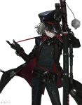  akira_hou black_gloves black_hat closed_mouth eyebrows_visible_through_hair gloves grey_hair gun hair_over_one_eye hat holding holding_gun holding_weapon looking_at_viewer original red_eyes short_hair smile solo watermark weapon 