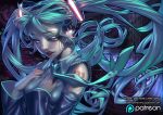  aqua_eyes aqua_hair bare_shoulders detached_sleeves floating_hair glowing green_hair hand_on_own_chest hatsune_miku headphones headset long_hair looking_down nail_polish necktie solo tattoo twintails very_long_hair vocaloid xong 