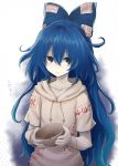  bangle blue_bow blue_eyes blue_hair bow bowl bracelet collarbone damaged drawstring eyebrows_visible_through_hair hair_between_eyes hair_bow highres holding holding_bowl hood hoodie jewelry leaf long_hair looking_at_viewer mirino ofuda simple_background smile solo touhou very_long_hair yorigami_shion 