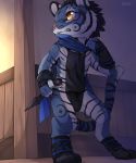  2018 anthro blush cub feline fur inside kunai male mammal solo standing sweat tiger unrealplace weapon young 
