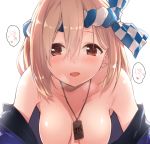  bare_shoulders blonde_hair blush breasts breath brown_eyes checkered djeeta_(granblue_fantasy) drum_master_(granblue_fantasy) granblue_fantasy hachimaki hanging_breasts headband heart heart-shaped_pupils heavy_breathing jewelry looking_at_viewer medium_breasts open_mouth pendant sawayaka_samehada short_hair simple_background solo sweat symbol-shaped_pupils white_background 