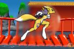  breasts bridge canine crushtarestudios digimon featureless_breasts female full-length_portrait fur mammal mostly_nude outside portrait renamon running side_view solo water yellow_fur 
