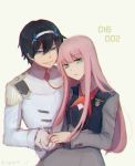  1girl alternate_costume bangs benelle black_hair blue_horns commentary couple darling_in_the_franxx eyebrows_visible_through_hair gloves hair_ornament hairband hetero hiro_(darling_in_the_franxx) holding_hands horns long_hair looking_at_viewer military military_uniform necktie oni_horns pink_hair red_neckwear role_reversal signature uniform white_gloves white_hairband zero_two_(darling_in_the_franxx) 