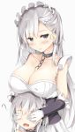  :p ? apron azur_lane bangs belchan_(azur_lane) belfast_(azur_lane) blue_eyes blush braid breasts chain choker cleavage collar collarbone commentary_request covering_eyes dress dual_persona eyebrows_visible_through_hair french_braid frilled_gloves frills gloves hair_between_eyes highres large_breasts long_hair looking_at_viewer maid maid_headdress multiple_girls open_mouth sidelocks silver_hair simple_background smile sunoril tongue tongue_out white_background white_gloves younger 